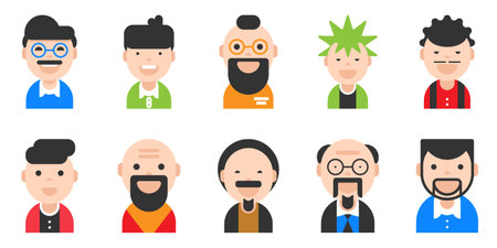 Set of 10 men portraits, different ages and status. Vector illustration isolated on white backgroundのイラスト素材
