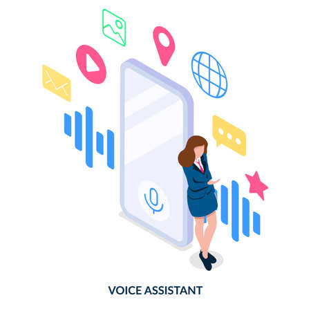 Digital voice assistant concept. Voice commands for smartphone control. Isometric illustration on white backgroundのイラスト素材