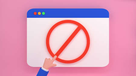 Concept of limited access to the site. Website with prohibition sign and cartoon human hand. 3d render illustration.の写真素材