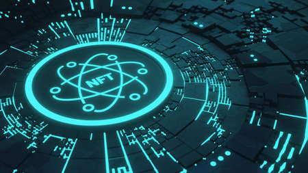 NFT concept. Non fungible token icon on abstract technology background. 3d render illustrationの写真素材