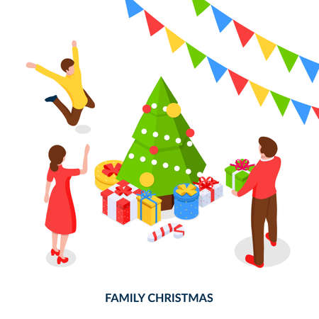 The concept of a family Christmas. A happy family is celebrating around the Christmas tree and giving each other gifts. Isometric illustration on white backgroundのイラスト素材