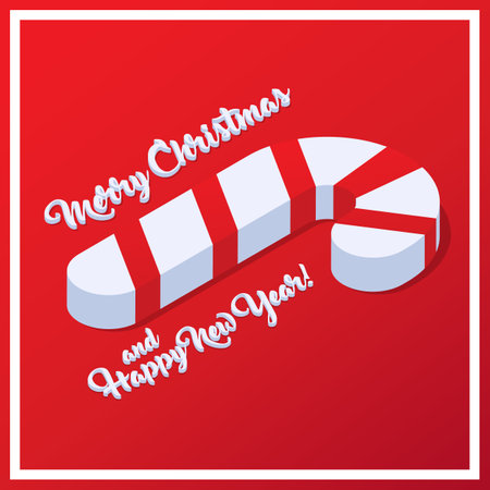Merry Christmas and happy new year postcard with candy cane. Isometric vector illustrationのイラスト素材