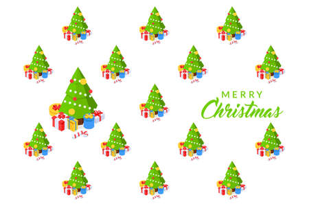Christmas celebration banner with a pattern of christmas tree and gift boxes. Vector illustration on white background.のイラスト素材