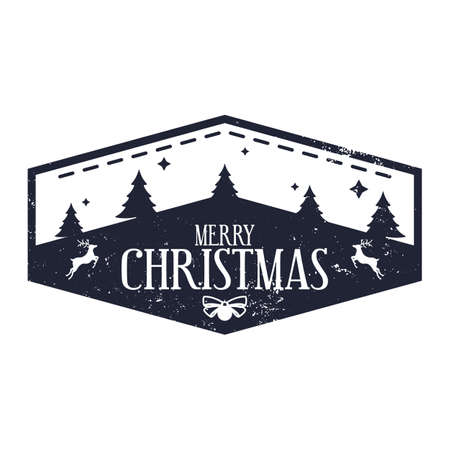 Merry Christmas - Holiday Stamp design for letters or gifts. Xmas decorative element with reindeers, trees and stars. Texture easily can be removed.のイラスト素材