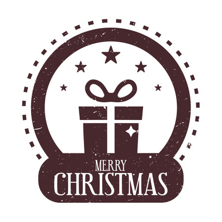 Merry Christmas - Holiday Stamp design for letters or gifts. Xmas decorative element in shape of snow globe with gift box inside.のイラスト素材