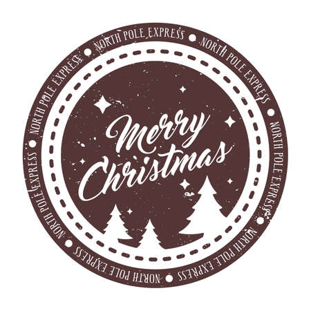 Merry Christmas - Holiday Stamp design for letters or gifts. Xmas decorative element with lettering, trees and texture that can be removed.のイラスト素材