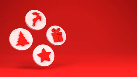 Christmas icons on red background. Holiday banner with copy space. 3d render illustration.の写真素材