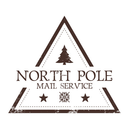 North pole mail service. Holiday stamp design for letters or gifts. Christmas decorative element in shape of triangle with reindeers, stars and texture that can be removed.のイラスト素材