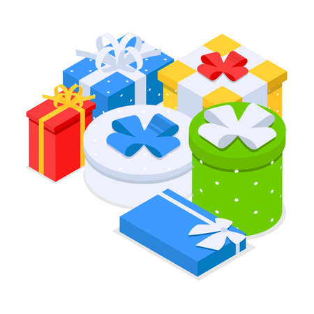 Holiday gift boxes template. Set of various boxes, different shapes and design. For birthday, christmas, or other holiday. Isometric illustration on white backgroundのイラスト素材