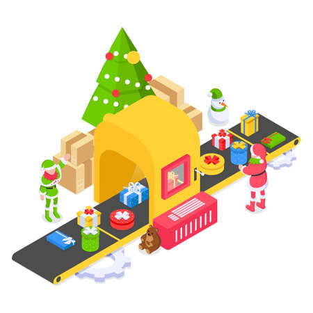 Santa's christmas factory with conveyor and two elf helpers picking up gifts. Isometric Xmas illustration on white background.のイラスト素材