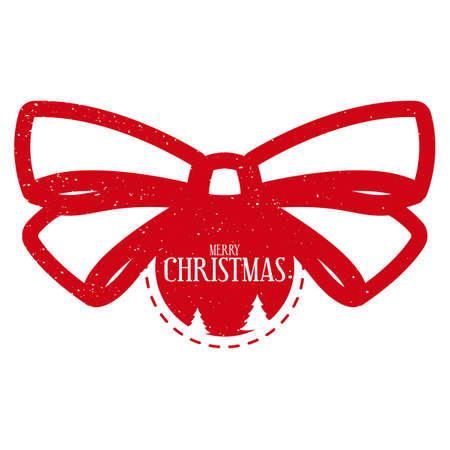 Merry Christmas - Holiday decoration design for letters or gifts. Xmas decorative stamp. Merry Christmas text and bauble with bow. Texture can be easily removed.のイラスト素材