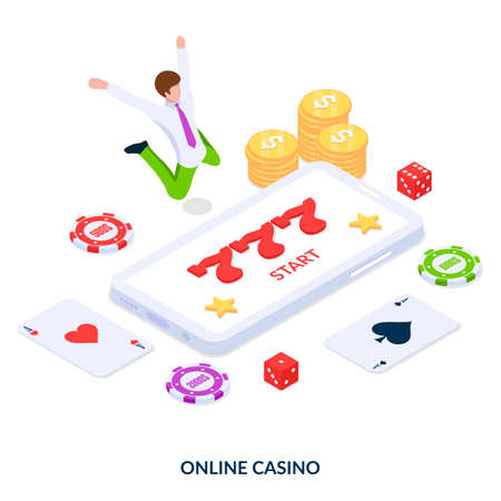 Online casino concept. Happy man plays in casino from his smartphone. Isometric vector illustration on white backgroundのイラスト素材