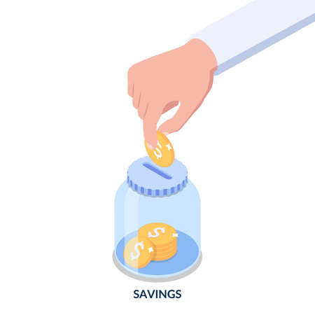 Savings concept. Human hand puts coin into the savings bottle.Isometric illustration on white backgroundのイラスト素材
