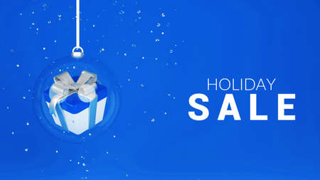 Holiday Sale banner. Silver confetti and glass ball with gift box inside it. 3d render illustration.