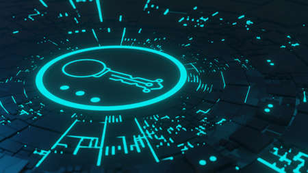 Electronic key concept. Key icon on abstract technology background. 3d render illustration