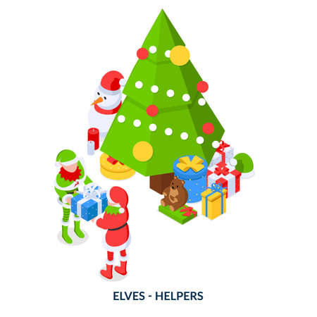 Concept of elves helpers. Two little Santa helpers with gift box puts gifts under the Christmas tree. Xmas isometric illustration on white background.のイラスト素材