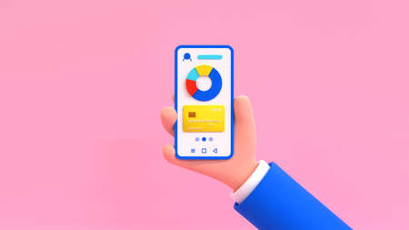 Cartoon human hand holding smartphone with abstract banking application, debit card and expenses diagram. 3d render illustration.の写真素材
