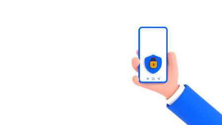 Smartphone security concept. Cartoon human hand holding mobile phone with shield and lock icons. 3d...