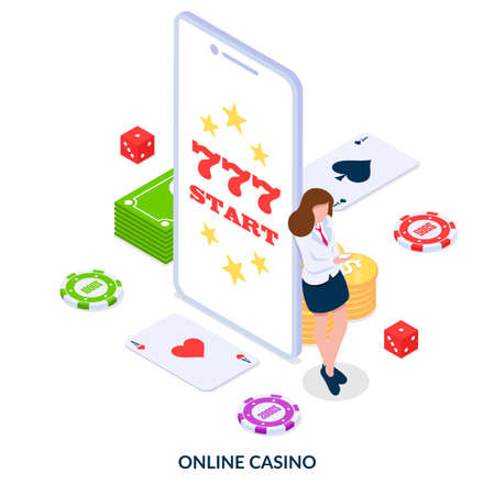 Online casino concept. Girl plays in casino from her smartphone. Isometric vector illustration on white backgroundのイラスト素材