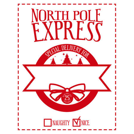 Christmas design for a personalized gift bag from Santa Claus. North pole express. Do not open until 25th of december. Naughty or nice checkboxes. Template for xmas handmade gifts. Vector illustrationのイラスト素材