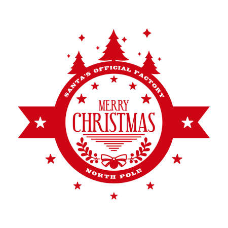 Merry Christmas - round stamp template for handmade gifts and letters. Santa's official factory - north pole. Xmas decorative design element with stars tied bow, christmas trees. Vector illustration.のイラスト素材