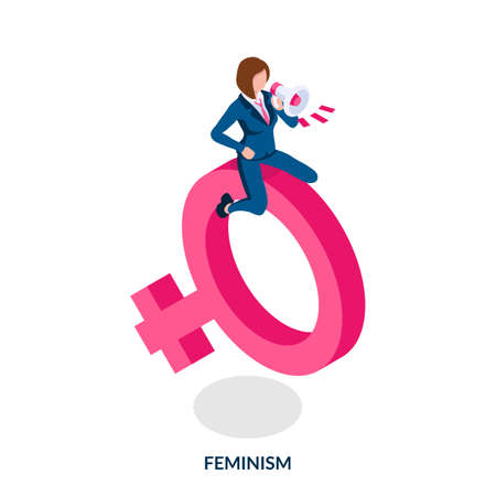 Concept of feminism. Strong and independent woman sitting on a gender symbol with loudspeaker in her hands. Feminist propaganda. Isometric vector illustration on white backgroundのイラスト素材