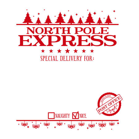Christmas design for a personalized gift bag from Santa Claus. North pole express. Special delivery. Santa Claus post office stamp. Template for xmas handmade gifts. Vector illustrationのイラスト素材
