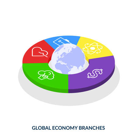 Global economy branches. Planet Earth in round diagram with icons showing branches of economy - healthcare, science, business and finance, food industry. Isometric illustration on white backgroundのイラスト素材