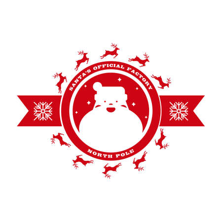 Santa's official factory - north pole. Holiday stamp template for gifts and letters. Christmas decorative design element with cute Santa Claus, reindeers and snowflakes. Vector illustration.のイラスト素材