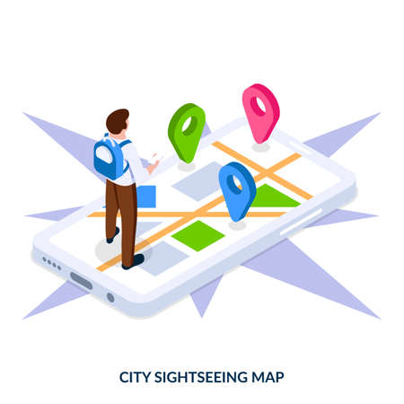 City sightseeing map. Concept. Digital city map with points of interest and man with smartphone. Useful app for travellers. Isometric vector illustration on white background.のイラスト素材