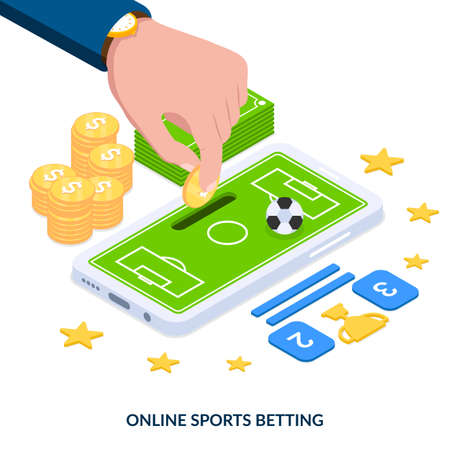 Online sports betting concept. Human hand puts dollar coin in smartphone. Football field with ball and betting score. cash and coins. Isometric vector illustration on white background.のイラスト素材