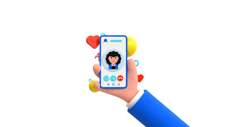 Human hand holds smartphone with abstract video calling app. 3d render illustrationの写真素材
