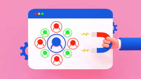 Increase website traffic. Concept. Cartoon human hand with a magnet in front of a web page with...