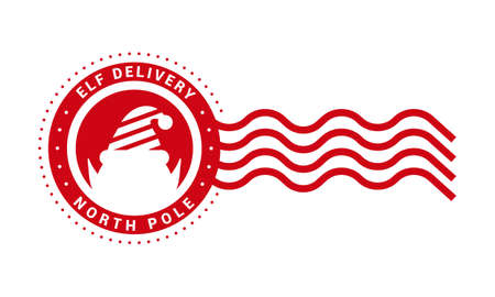 Elf delivery - north pole. Round stamp design template. Christmas decorative element for handmade gifts with text and elf silhouette. Vector illustration on white backgroundのイラスト素材