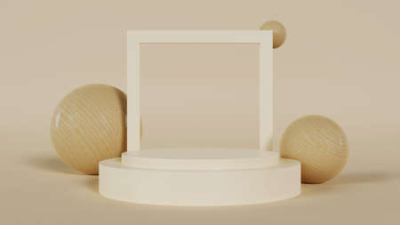 Abstract scene with wooden geometric shapes and podium for product display. 3d rendering...