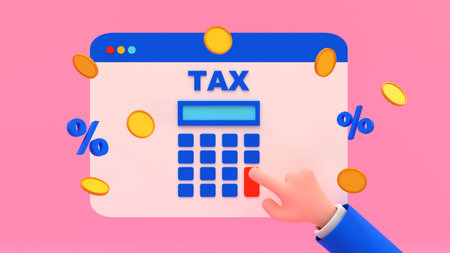Online tax calculator concept. Web browser with built-in calculator and cartoon human hand. 3d rendering illustrationの写真素材