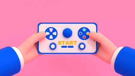 mobile games concept. Cartoon human hands holding smartphone with gamepad controllers. 3d rendering...
