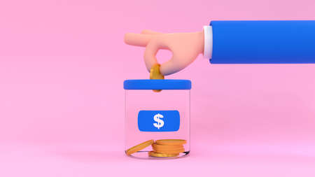 Savings.Cartoon human hand puts a coin into the money box. 3d rendering illustration