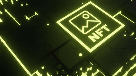 NFT concept. Non fungible token icon on abstract technology background. 3d render illustration.の写真素材