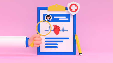 Patient card, pencil and doctor's hand with magnifying glass. medical diagnosis concept. 3d render illustration.の写真素材