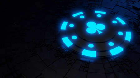 Casino chip on the blue neon technological background. online casino. 3d illustration.の写真素材