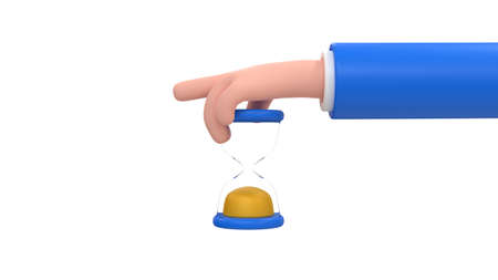 Cartoon human hand with sand watch. 3d rendering illustration