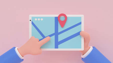 Cartoon human hand holding digital tablet with city map and destination point. 3d render...