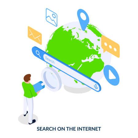 Concept of search on the Internet. Man with magnifying glass standing before search bar, planet and internet icons. Vector illustration on white backgroundのイラスト素材