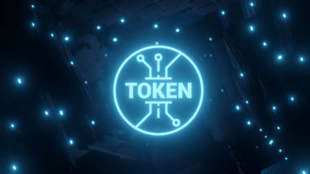 Non fungible token icon on abstract technology background. 3d render illustration