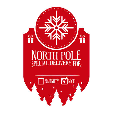 Christmas design for a personalized gift bag from Santa Claus. North pole special delivery for. Naughty or nice checkboxes. Vector illustration on white background. Template for xmas handmade gifts.のイラスト素材