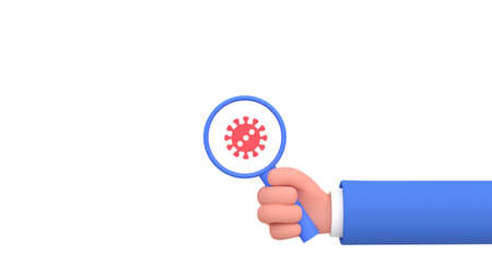 Cartoon human hand with magnifying glass and virus icon. 3d rendering illustrationの写真素材