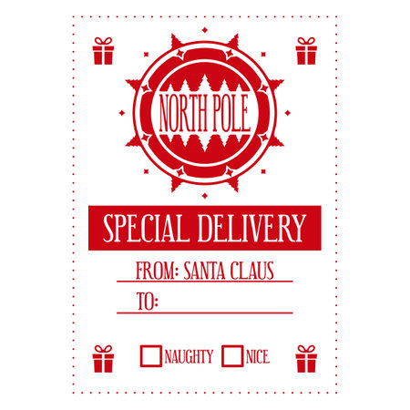 North pole special delivery. Christmas personalized gift box design. Holiday template for Xmas handmade gifts. Vector illustrationのイラスト素材