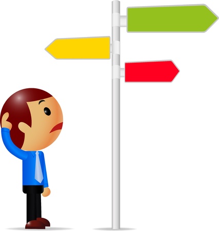 People is standing in front of a road sign thinking のイラスト素材