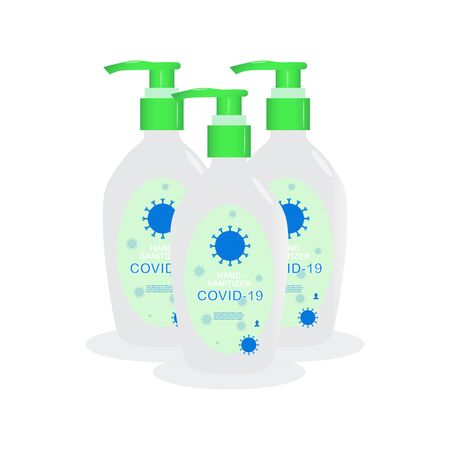Hand sanitizers. Alcohol rub sanitizers kill most bacteria, fungi and stop some viruses such as coronavirus. Hygiene product. Sanitizer bottle and wall mounted container. Covid-19 spread prevention.のイラスト素材